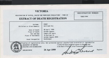 Document - GERTRUDE PERRY COLLECTION: EXTRACT OF DEATH REGISTRATION, 1999