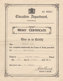 Document - GERTRUDE PERRY COLLECTION: EDUCATION DEPARTMENT MERIT CERTIFICATE, 28/11/1930
