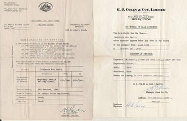 Document - GERTRUDE PERRY COLLECTION: DOCUMENTS RELATING TO GERTRUDE PERRY'S EMPLOYMENT, 1934 - 1980
