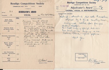 Document - GERTRUDE PERRY COLLECTION: BENDIGO COMPETITIONS SOCIETY AWARD SHEETS, 1946 - 1954