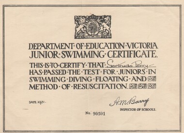 Document - GERTRUDE PERRY COLLECTION: SWIMMING CERTIFICATE, 1931