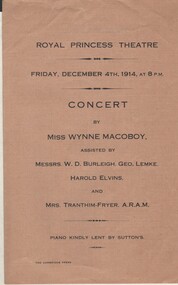 Document - GERTRUDE PERRY COLLECTION: ROYAL PRINCESS THREATRE PROGRAMME, 1914