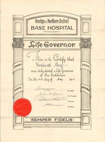 Document - GERTRUDE PERRY COLLECTION: BENDIGO & NORTHERN DISTRICT BASE HOSPITAL LIFE GOVERNOR CERTIFICATE, 12/5/1941