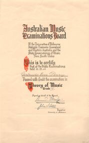 Document - GERTRUDE PERRY COLLECTION: AUSTRALIAN MUSIC EXAMINATIONS BOARD CERTIFICATE, 1946