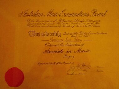 Document - GERTRUDE PERRY COLLECTION: GERTRUDE PERRY MUSIC CERTIFICATE, 1949