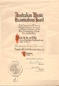 Document - GERTRUDE PERRY COLLECTION: AUSTRALIAN MUSIC EXAMINATIONS BOARD CERTIFICATE, 1946