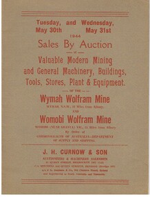 Book - MCCOLL, RANKIN AND STANISTREET COLLECTION: SALE CATALOGUE - WYMAH WOLFRAM MINE, 1944
