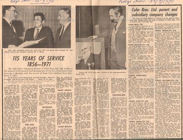 Document - NEWSPAPER ARTICLE RE: 115 YEARS OF COHN BROS LTD, 1971