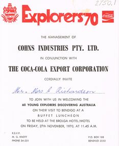 Document - INVITATION: COHNS INDUSTRIES PTY LTD SPONSOR OF EXPLORERS'70, 1970