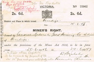 Document - MCCOLL, RANKIN AND STANISTREET COLLECTION:  MINERS RIGHT, 1930/50