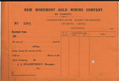 Document - MCCOLL, RANKIN AND STANISTREET COLLECTION:  NEW MONUMENT HILL GOLD MINING CO