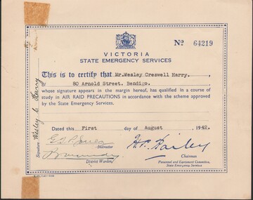 Document - WES HARRY COLLECTION: AIR RAID WARDEN CERTIFICATE, 1st August 1942