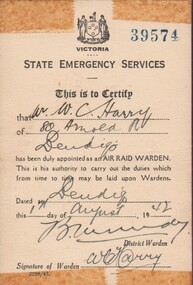 Document - WES HARRY COLLECTION: AIR RAID WARDEN CARD, 1st August 1942