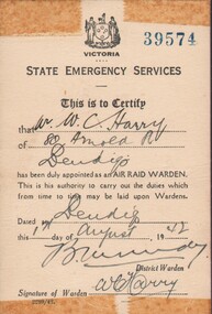 Document - WES HARRY COLLECTION: AIR RAID WARDEN CARD, 1st August 1942