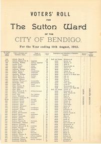 Document - CITY OF BENDIGO VOTER'S ROLL, 11 August 1912