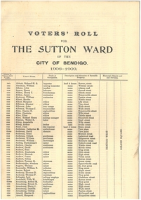 Document - CITY OF BENDIGO VOTER'S ROLL, 1908-1909