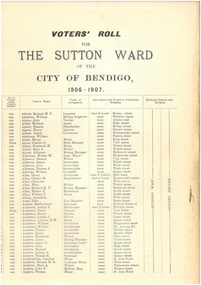 Document - CITY OF BENDIGO VOTER'S ROLL, 1906-1907