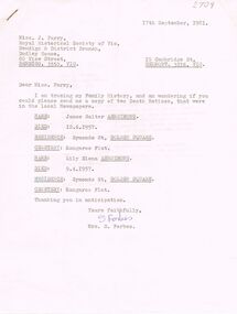Document - ARMSTRONG, JAMES SALTER AND LILY ELENA: LETTER TO BHS, 17/09/1981