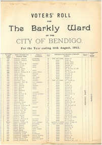 Document - CITY OF BENDIGO VOTER'S ROLL, 11August 1912