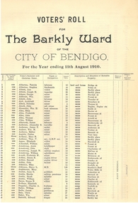 Document - CITY OF BENDIGO VOTER'S ROLL, 11 August 1910