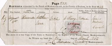 Document - ALEXANDER ARKLE: BAPTISM RECORD, 1849
