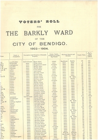 Document - CITY OF BENDIGO VOTER'S ROLL, 1903-4