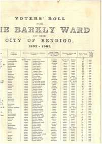 Document - CITY OF BENDIGO VOTER'S ROLL, 1902-3