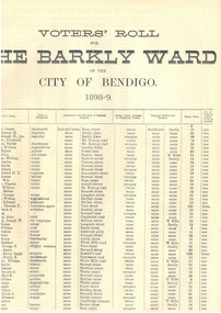 Document - CITY OF BENDIGO VOTER'S ROLL, 1898-9