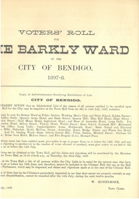 Document - CITY OF BENDIGO VOTER'S ROLL, 1897-8