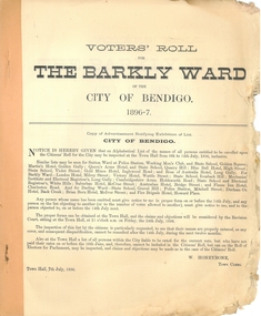 Document - CITY OF BENDIGO VOTER'S ROLL, 1896-7