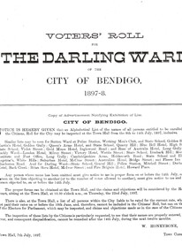 Document - CITY OF BENDIGO VOTER'S ROLL, 1897-8