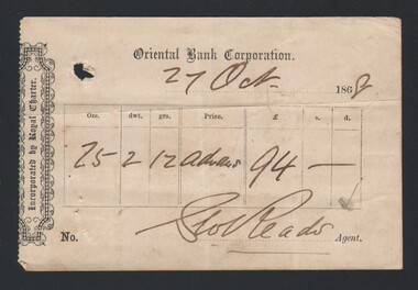 Document - BANK RECEIPT (GOLD), 1868