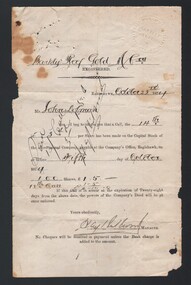 Document - BARKLY REEF GOLD MINING COMPANY SHARE ACCOUNT, 1874