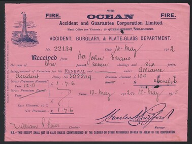 Document - ACCIDENT RENEWAL RECEIPT FOR JOHN EVANS, 1912
