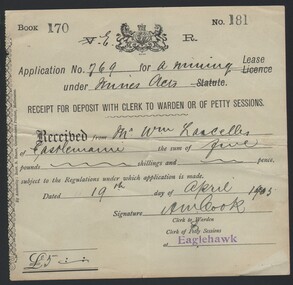 Document - MINING LEASE RECEIPT, 1905