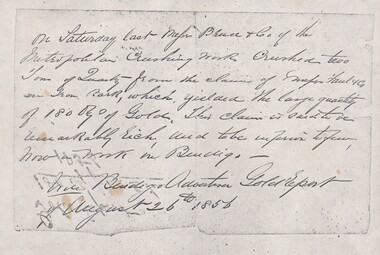 Document - BENDIGO ADVERTISER REPORT (HANDWRITTEN) ON GOLD, 1856