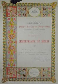 Document - BENDIGO MINERS' ASSOCIATION FLOWER SHOW CERTIFICATE - A MAHER, 1888