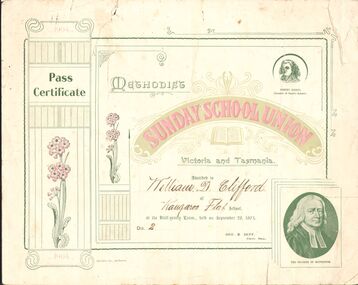 Document - METHODIST SUNDAY SCHOOL UNION OF VICTORIA AND TASMANIA PASS CERTIFICATE PASS - WILLIAM D CLIFFORD, 1904