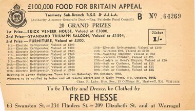 Document - £100,000 FOOD FOR BRITAIN APPEAL RAFFLE TICKET 1948, 1948