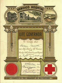 Document - HAMILTON COLLECTION : BENDIGO HOSPITAL LIFE GOVERNOR CERTIFICATE - NANCY HAMILTON, 1928