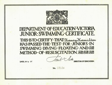 Document - HAMILTON COLLECTION : SWIMMING CERTIFICATE - NANCY HAMILTON, 1925