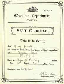Document - HAMILTON COLLECTION: EDUCATION DEPARTMENT MERIT CERTIFICATE - NANCY HAMILTON, 1924