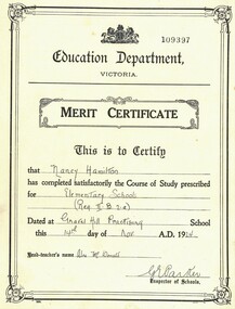 Document - HAMILTON COLLECTION: EDUCATION DEPARTMENT MERIT CERTIFICATE - NANCY HAMILTON, 1924