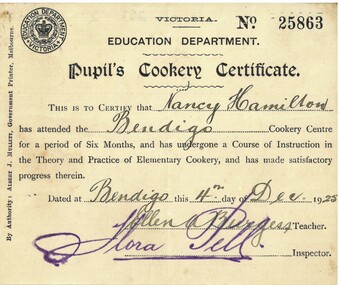 Document - HAMILTON COLLECTION: PUPILS COOKERY CERTIFICATE - NANCY HAMILTON, 1925