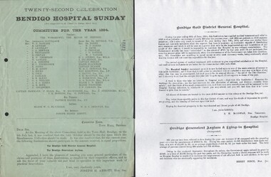 Document - HARRY BIGGS COLLECTION:  BENDIGO HOSPITAL SUNDAY 1894, 1894