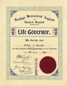 Document - HAMILTON COLLECTION: LIFE GOVERNOR BENDIGO BENEVOLENT ASYLUM, 11 Jun 1929