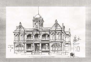 Drawing - HARRY BIGGS COLLECTION: TOWN HALL AND STONE COTTAGE, 19901
