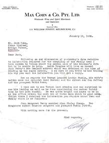 Document - COHN BROTHERS COLLECTION: LETTER, January 15th 1958