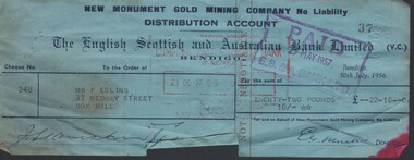 Document - MCCOLL, RANKIN AND STANISTREET COLLECTION: NEW MONUMENT GMC - CHEQUES (USED), 30 July 1956