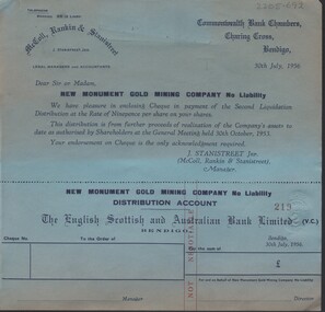 Document - MCCOLL, RANKIN AND STANISTREET COLLECTION: NEW MONUMENT GMC N/L - BUNDLE OF CHEQUES, 30 July 1956